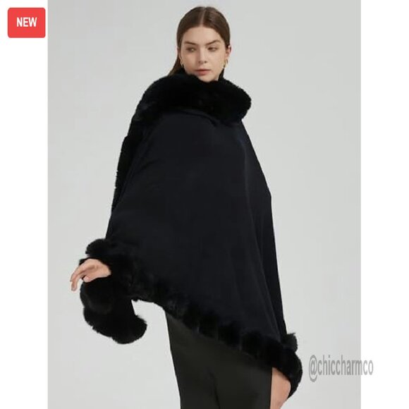 Faux Fur Trim Cardigan Cloak Shawl Wrap Winter Poncho Cape - Picture 6 of 8